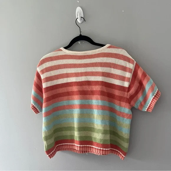 Vintage Liz Claiborne Striped Short Sleeve Sweater Henley Cropped Size Large L - Picture 3 of 6